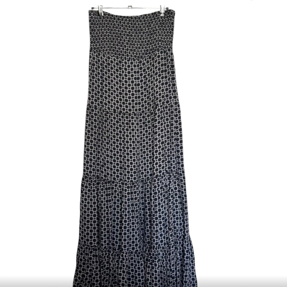 Chico’s Gray with Black Polka Dots Strapless Maxi Dress